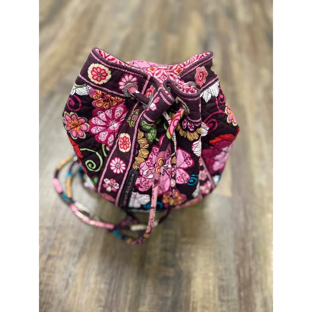 Vera Bradley Quilted Floral Pink/Brown Drawstring Backpack Bag Travel Pouch Sack
